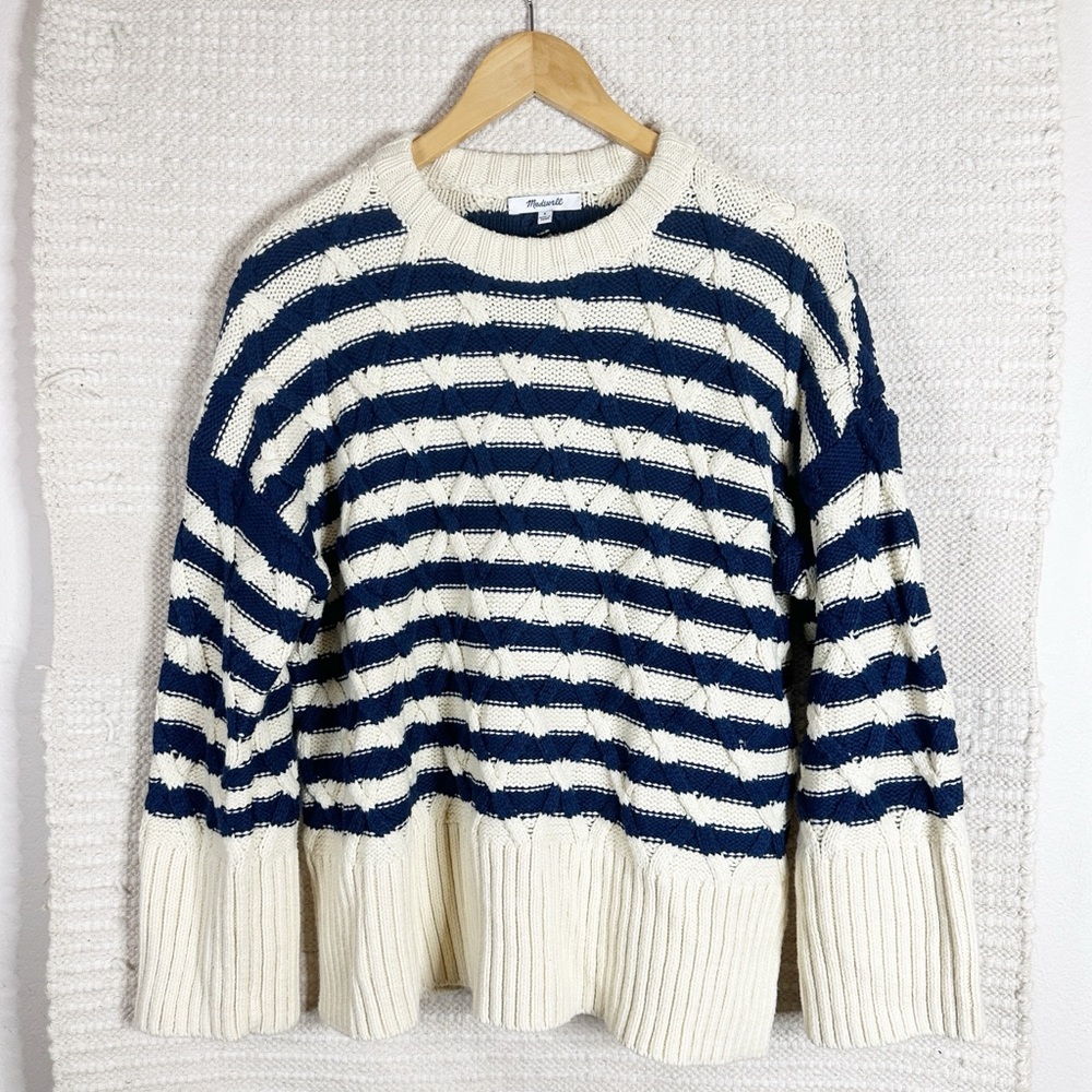 MADEWELL cream and navy Cable-Knit Oversized Crewneck cotton sweater S